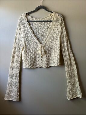 Altar’d State Cream Scalloped Pointelle Knit Tie-Front Cropped Cardigan Size L